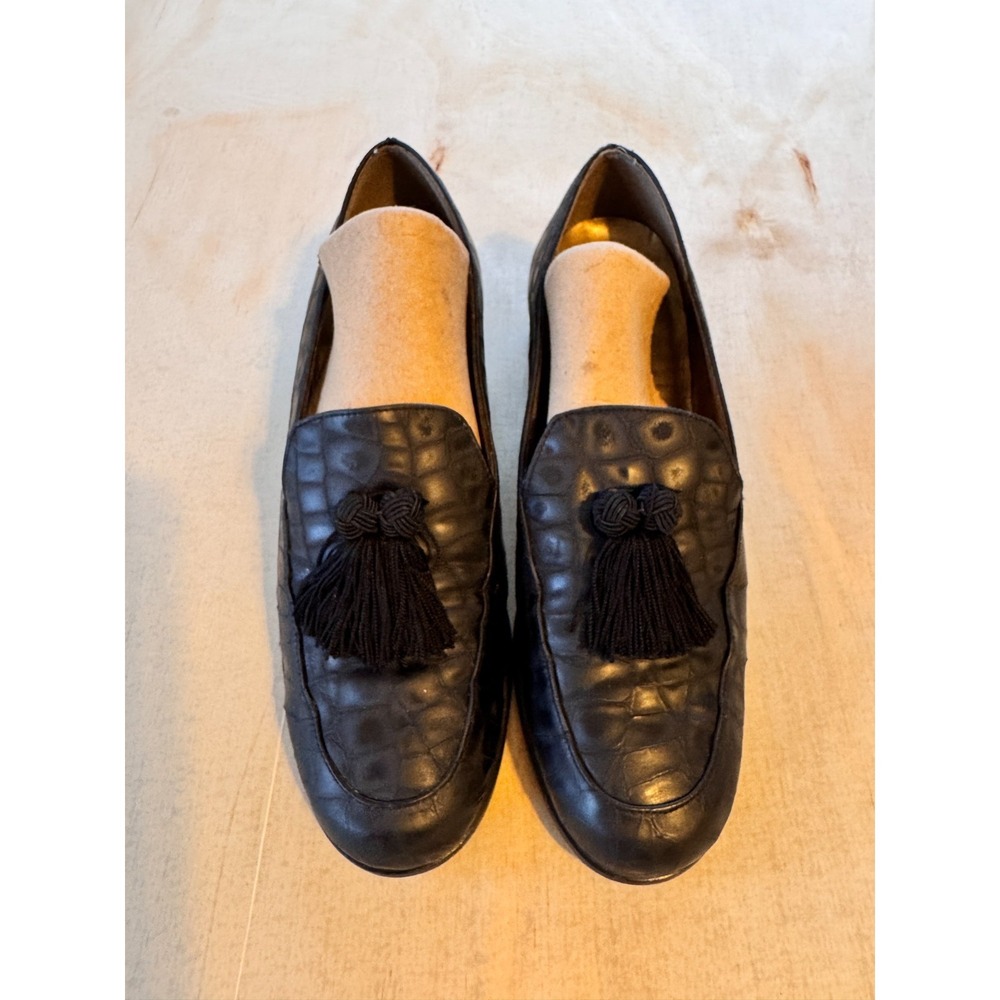 Stuart Weitzman Loafer Shoes Womens 6.5M Black Leather Heel Croc Embossed Tassel - Picture 2 of 10